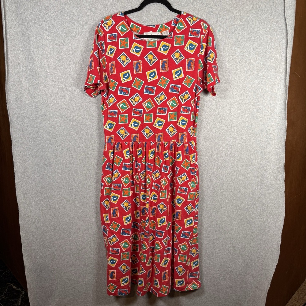 Bechamel Dress Womens Medium Red Beach Stamp MIDI Vintage 90s